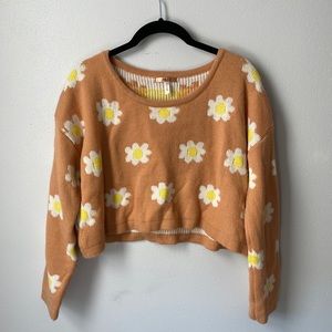 Peach Cropped Sweater with Yellow & White Flowers